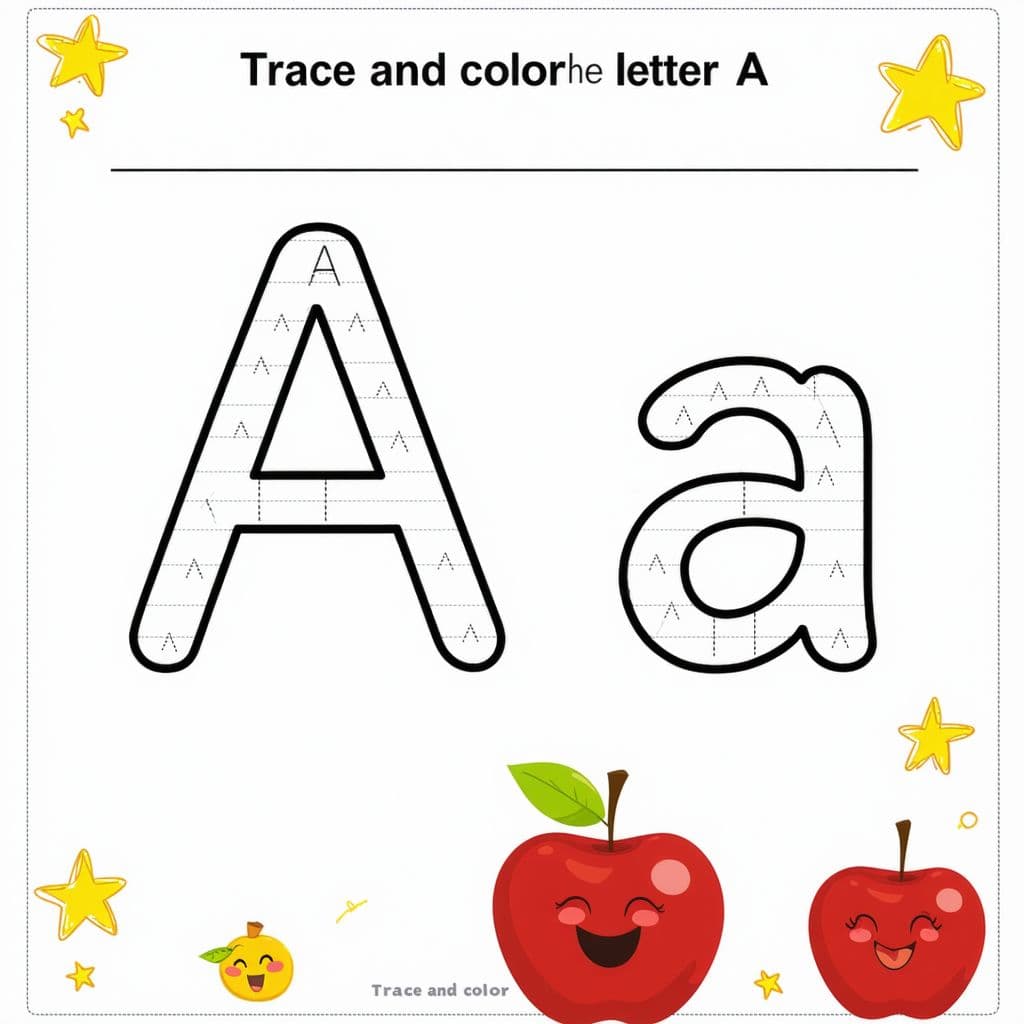 AI generated: An educational worksheet for preschoolers featuring the letter "A". The page includes a large upperc...