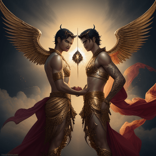 AI generated: lucifer miguel and rafael **two flying angels from god of the sky fighting one another, in the style...