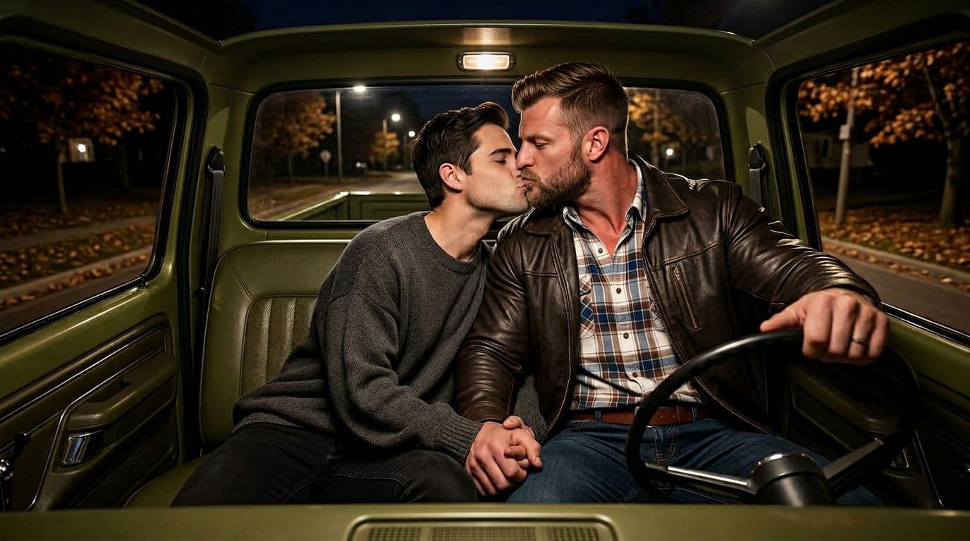 AI generated: The scene is from the front. In an Autumn night, the model is driving a vintage Ford olive green pic...