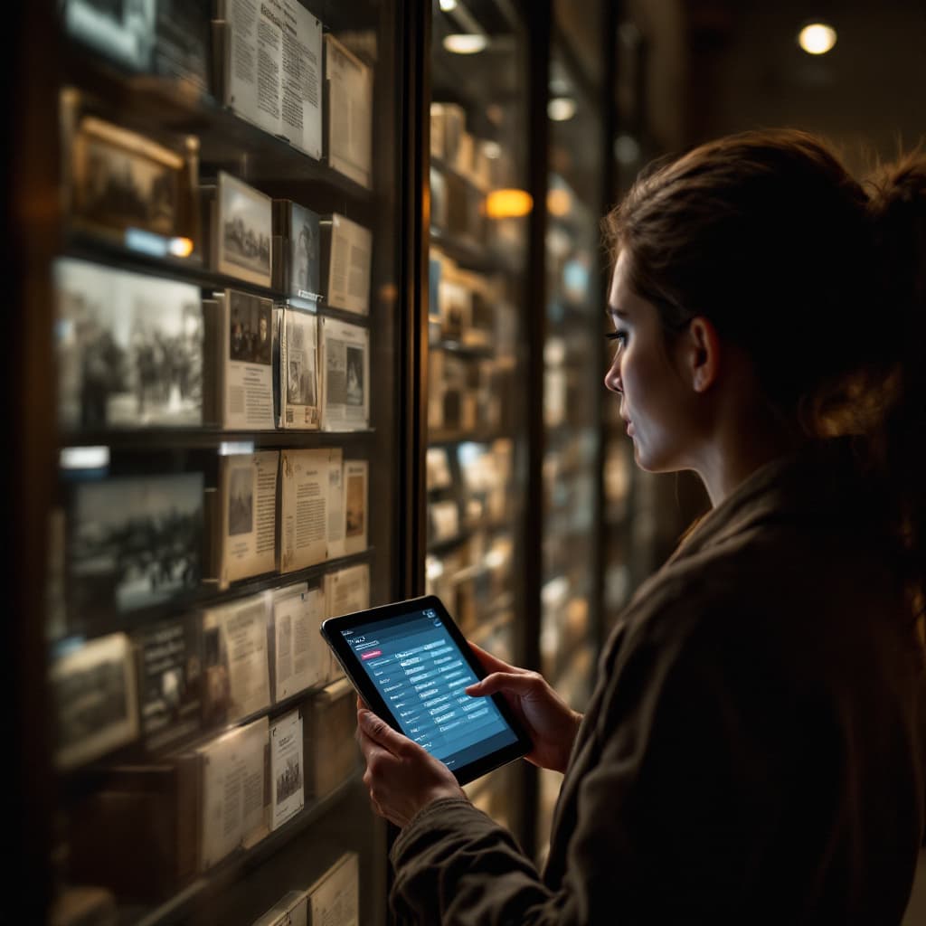 AI generated: A captivating image of a person exploring a historical archive, with a tablet displaying a timeline ...