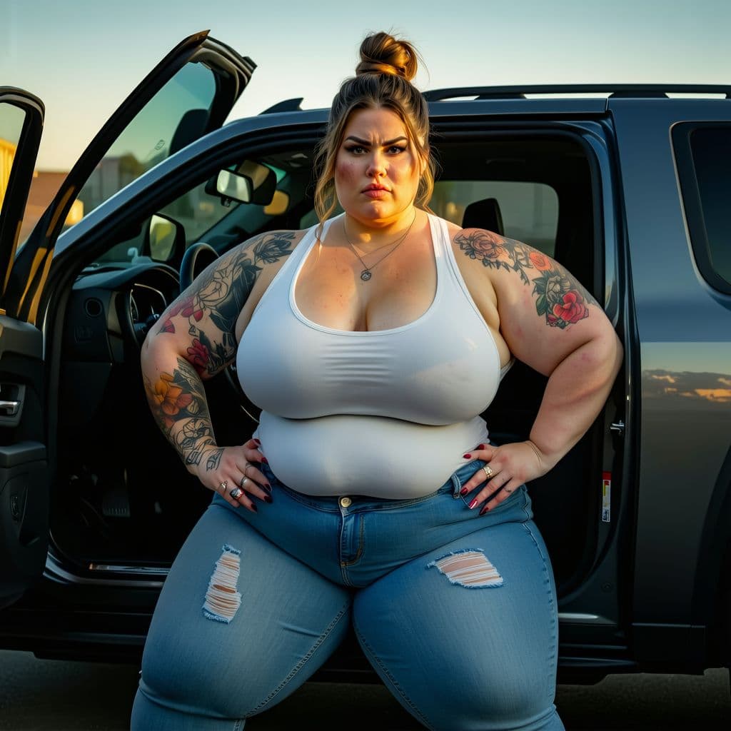 AI generated: ull body  , very very very big muscle chubby  woman, indian woman ,very tall, , big traps and should...