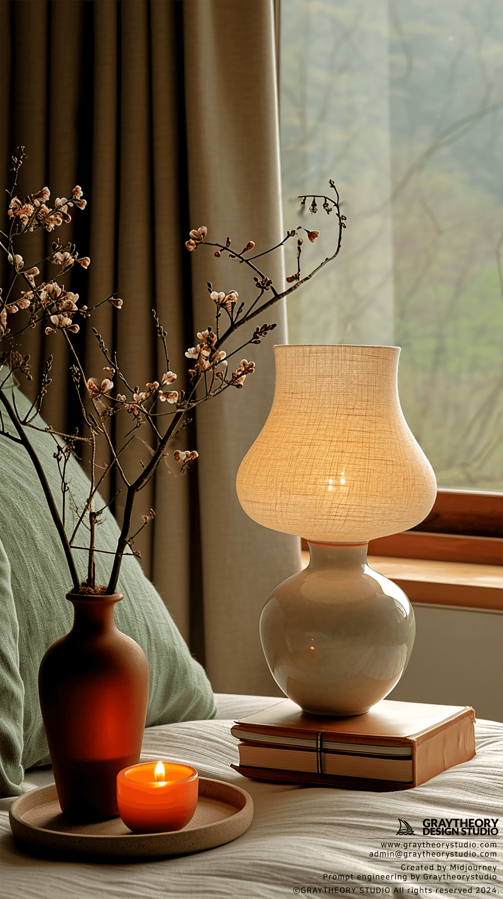 AI generated: Capture the minimalistic tabletop lamp with a white ceramic base, GF 80mm f/1.7, level of detail, sh...