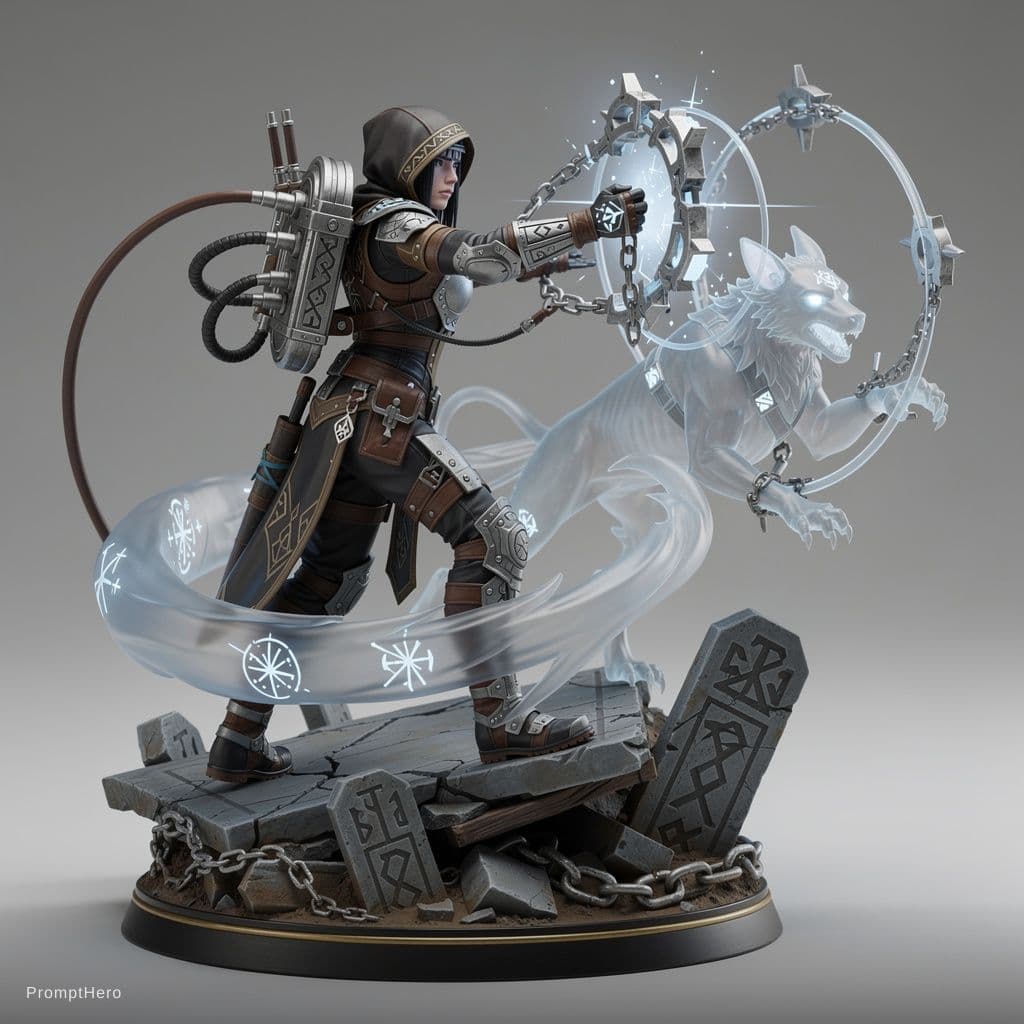 AI generated: semi-realistic dark fantasy female arcane huntress,
ancient creature controller and relic tamer,
asy...
