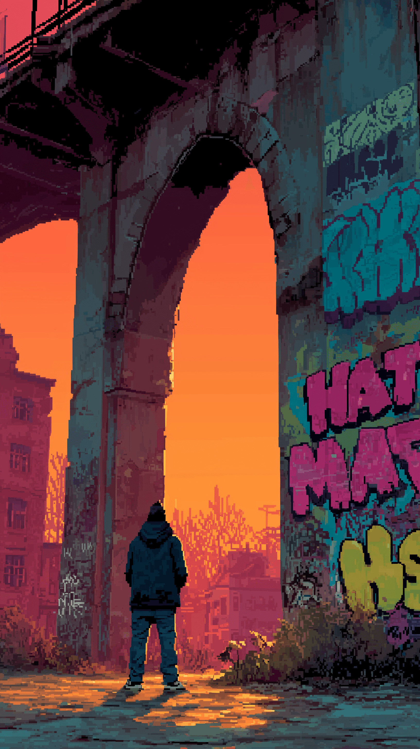 AI generated: pixel-art, graffiti artist standing in berlin alexanderplatz under saturated amber lights, 16-color ...