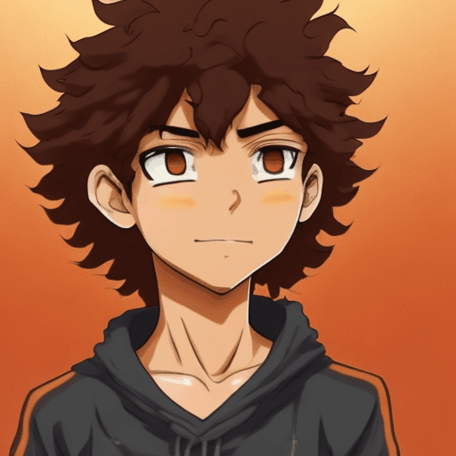 AI generated: Kai, boy 8 years, tanned skin, dark brown eyes, orange sweat, curly hair in anime style
