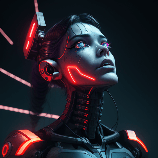 AI generated: The cyborg girl is looking up at the sky with wires sticking out of her neck and throat., portrait, ...