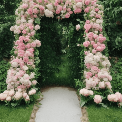 AI generated:  a full size ornate pink door in a field of white and pink peonies and roses. Pastel flowers growing...
