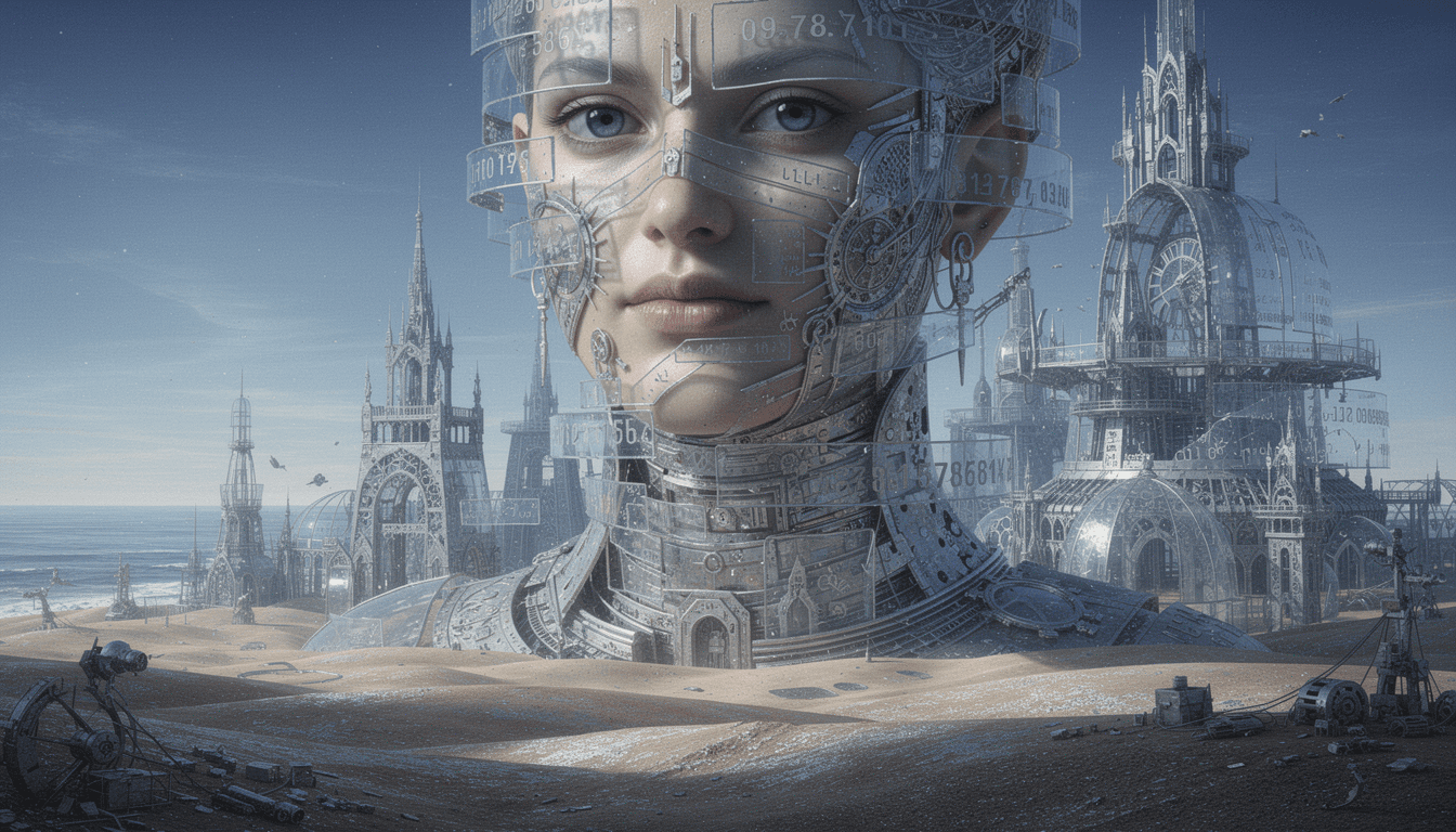 AI generated: In a surreal, futuristic landscape, bosh style a giant hyper realistic   androgynous face has hyper-...