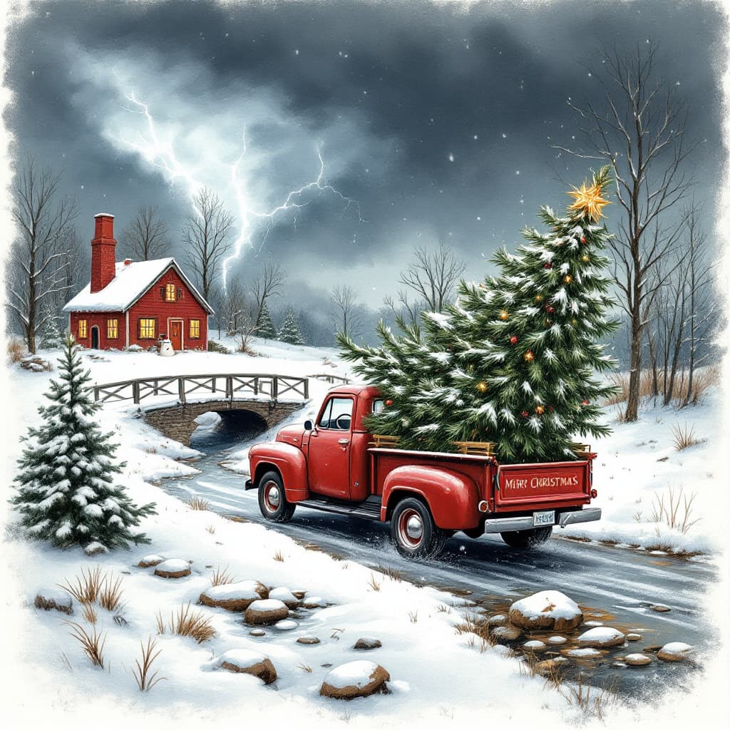 AI generated: a red Pickup truck with a Christmas tree on the back, driving in the snow with a Stormy clouds, ligh...