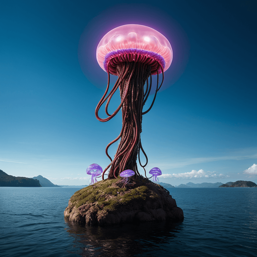 AI generated: biocyberpunk by Simon Stålenhag a giant floating jellyfish hardsurface robotic creature made of hi-t...