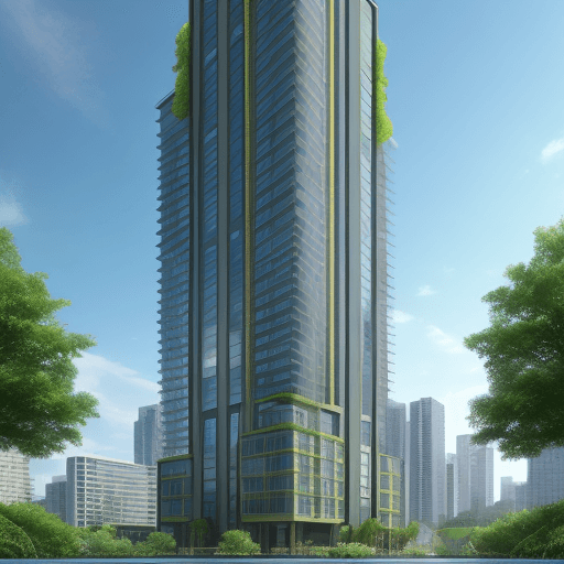 AI generated: city high rise building, green space, living with water, running water, futuristic design, exterior ...