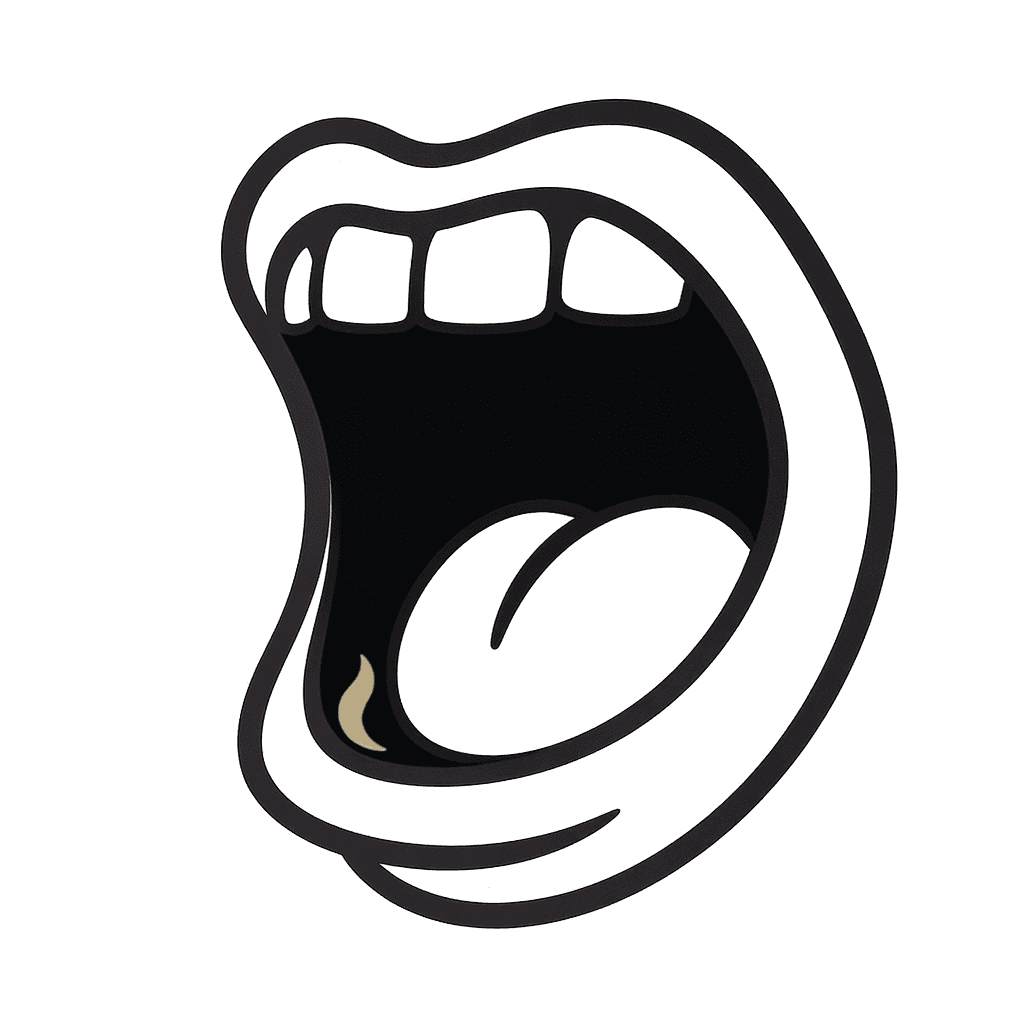 AI generated: A bold, simplified cartoon mouth viewed from the side, wide open as if about to eat something. The m...