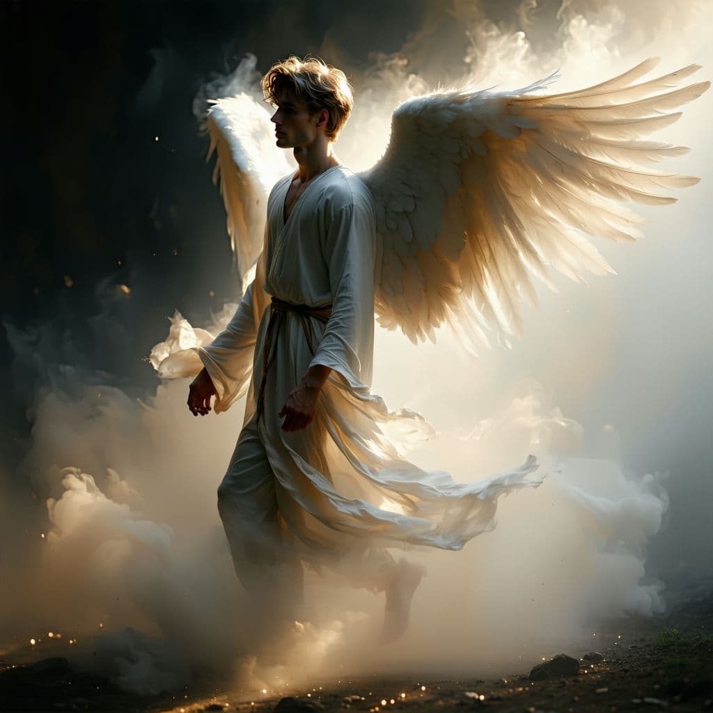 AI generated: An artist's oil painting of a masculine male, a strong angel, light brown hair, flying away through ...