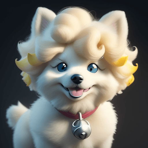 AI generated: a white pomeranian dog with curly hair and yellow shirt, in the style of rendered in cinema4d, charm...