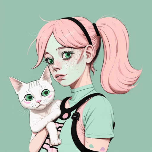 AI generated: An illustration of a quirky girl with pink hair, in the style of Flat shading, Gemma Correll, with f...