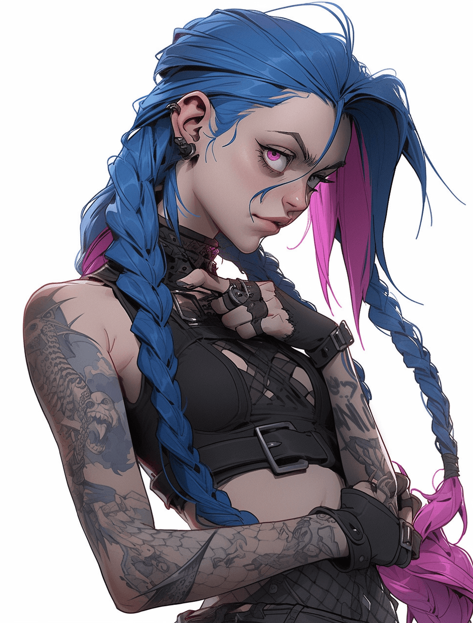 AI generated: Jinx from league of legends, in the style of cybergoth, red threads, midwest gothic, organically ins...