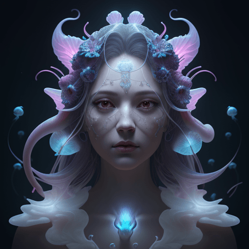 AI generated: Goddess close-up portrait ribcagel. jellyfish phoenix head, nautilus, orchid, skull, betta fish, bio...