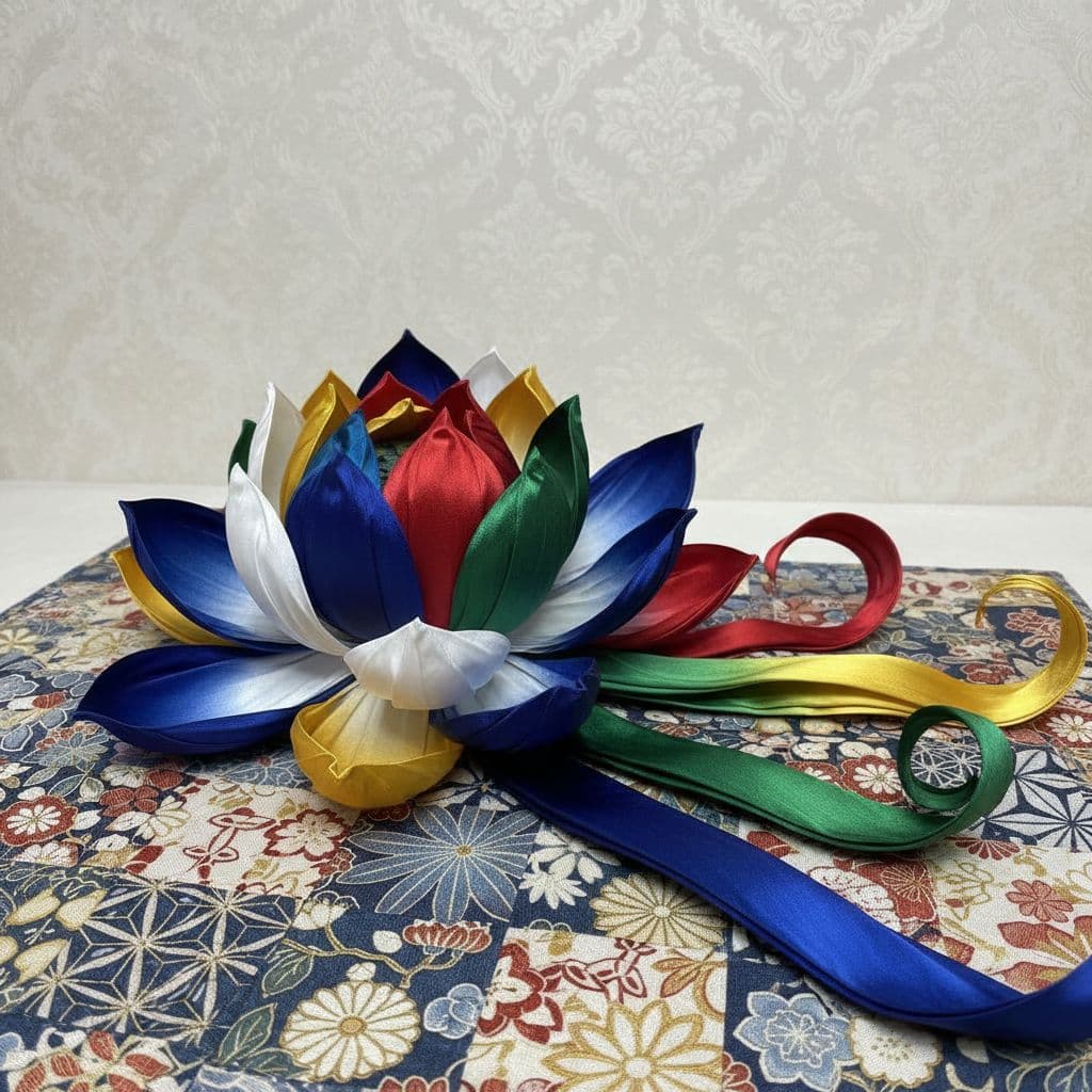 AI generated:  A hyper-realistic scene featuring a lotus-shaped sculpture crafted from glossy satin silk, with lon...