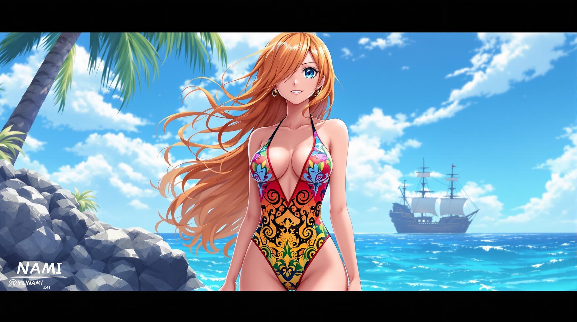 AI generated: Nami of One piece , in beach swimwear, with the ocean in the background showing the ship.