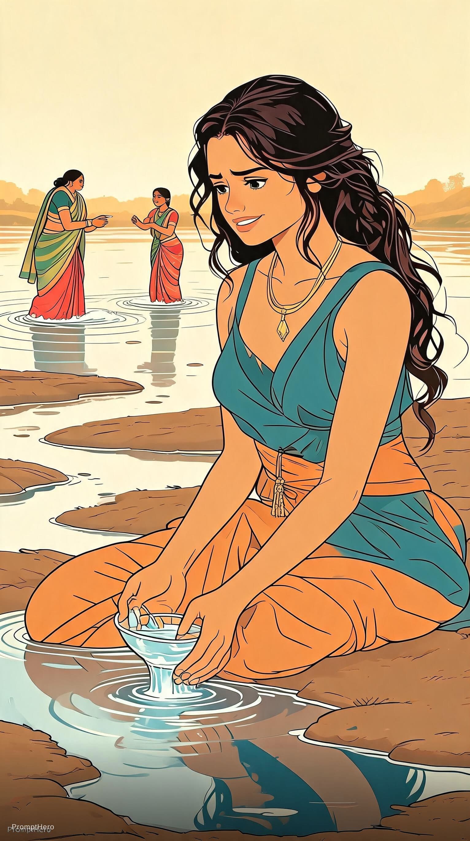 AI generated: Ilustración vectorial de una hermosa mujer india con expresion esperanzada ahorrando agua del estanq...