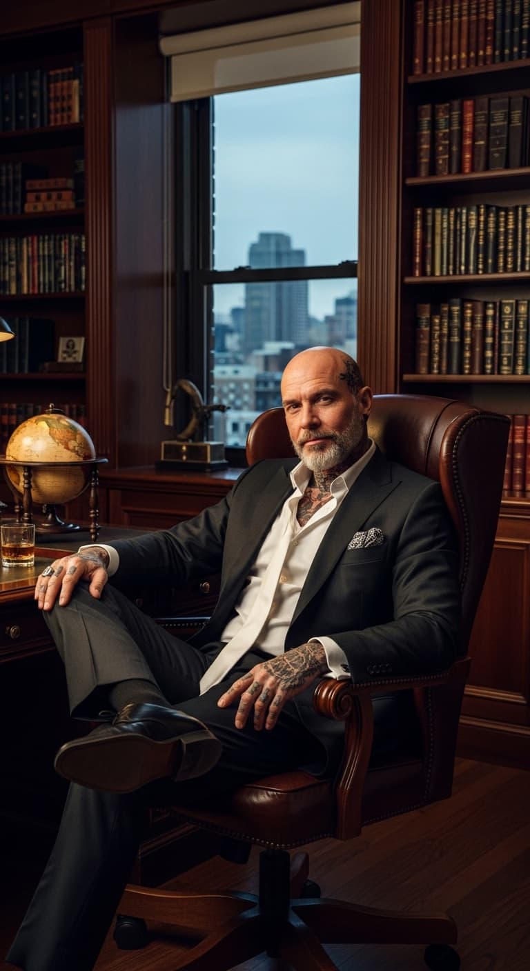 AI generated: a confident older man with tattoos all over in a fancy suit, kicking back in a office
