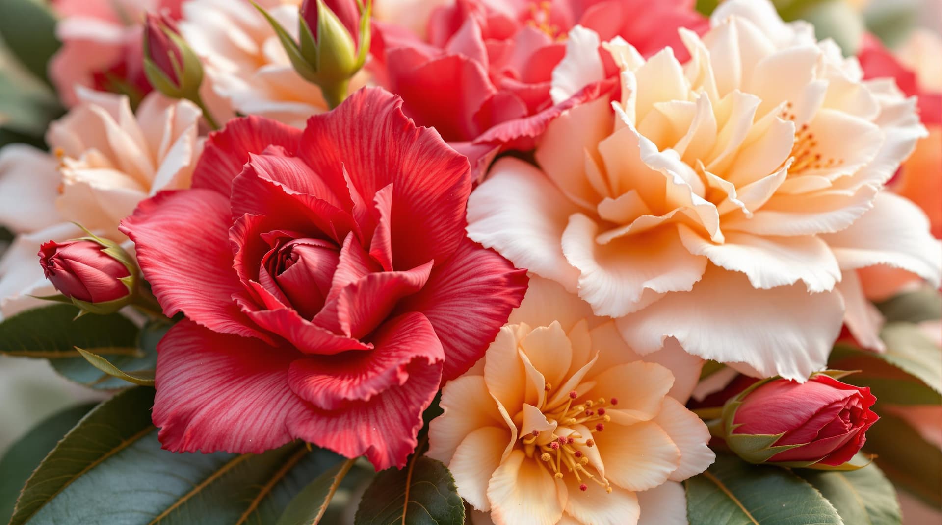 AI generated:  an hybrid 3d fictive flowers and buds,close up,rose x camelia,the flowers are in a gradiation  of w...
