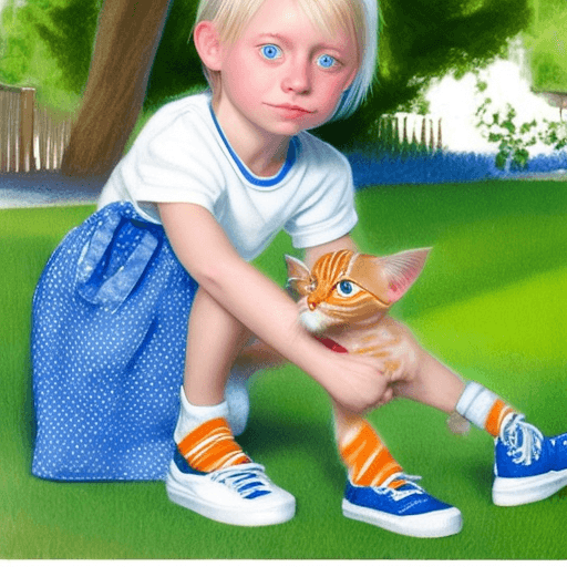 AI generated: Sally, 6 year old, short blond hair, brilliant blue eyes, white tee-shirt, blue jean skirt, white so...