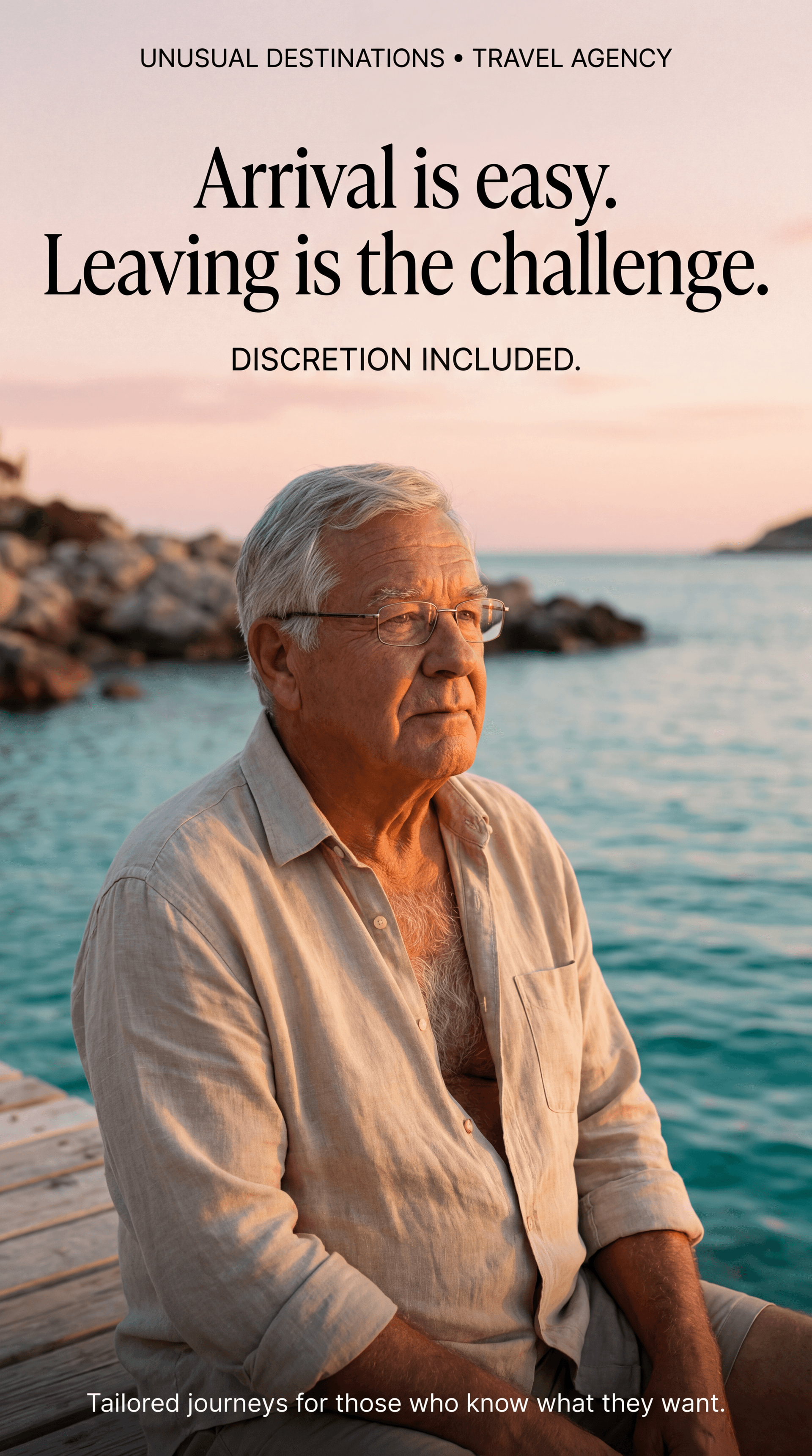 AI generated: ULTRA-REALISTIC PREMIUM TRAVEL AGENCY AD (vertical poster, 9:16).
High-end editorial lifestyle photo...