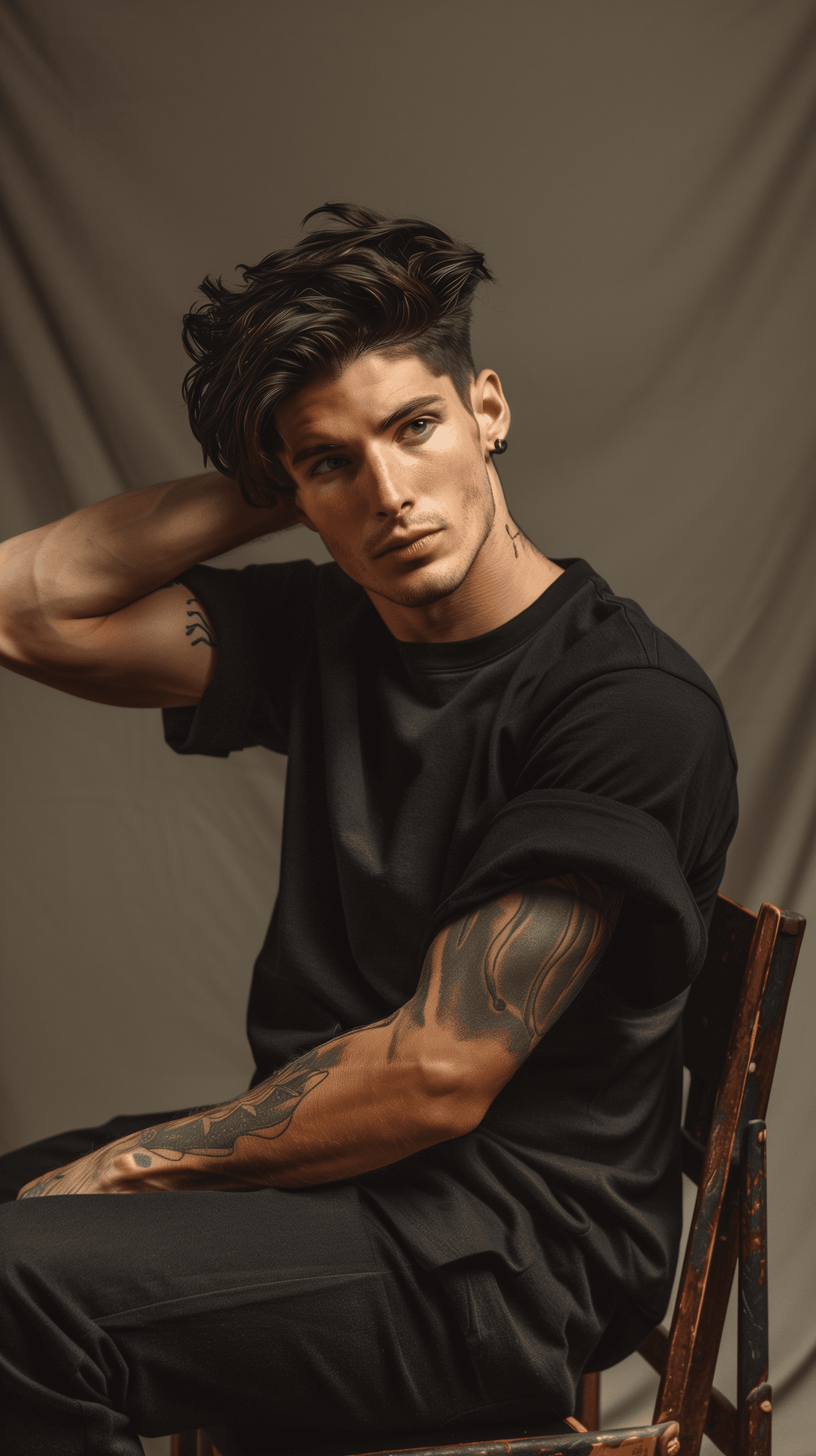 AI generated: photography, man seated on a wooden chair, black t-shirt that fits snugly over his torso, highlighti...
