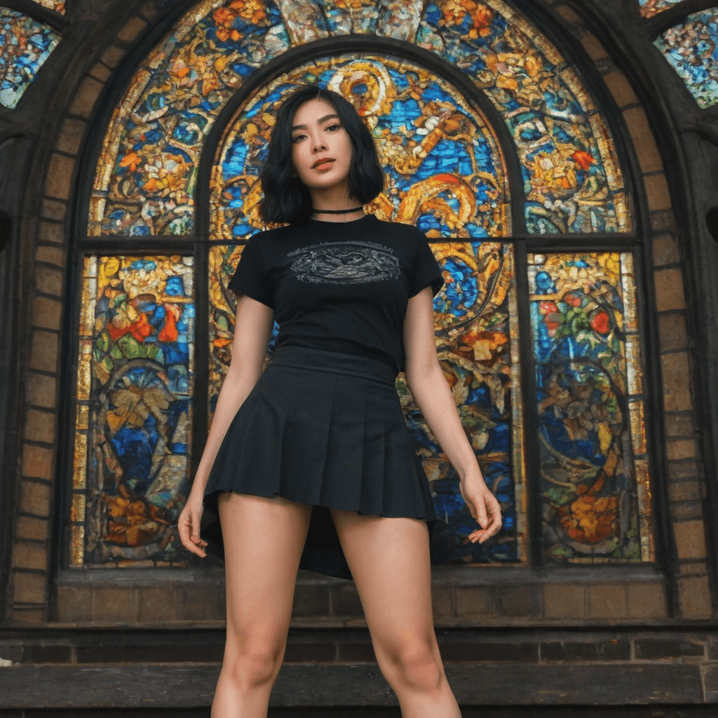 AI generated: a woman standing in front of a stained glass window, black skirt, bian luan, short black skirt, anim...