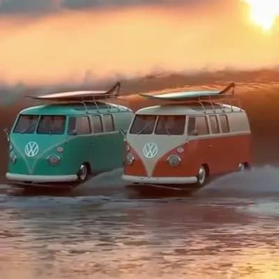 AI generated video:  A close-up slow pan in of two classic vw split window buses, surfing laterally across the face a a ...