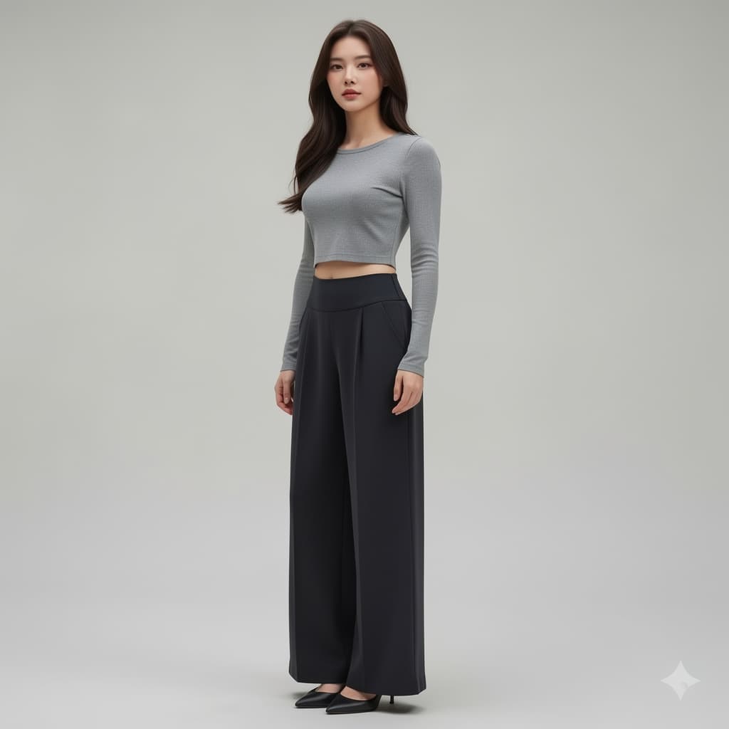 AI generated: A full-body, slightly angled portrait of a young woman same face as reference (no changes) with long...