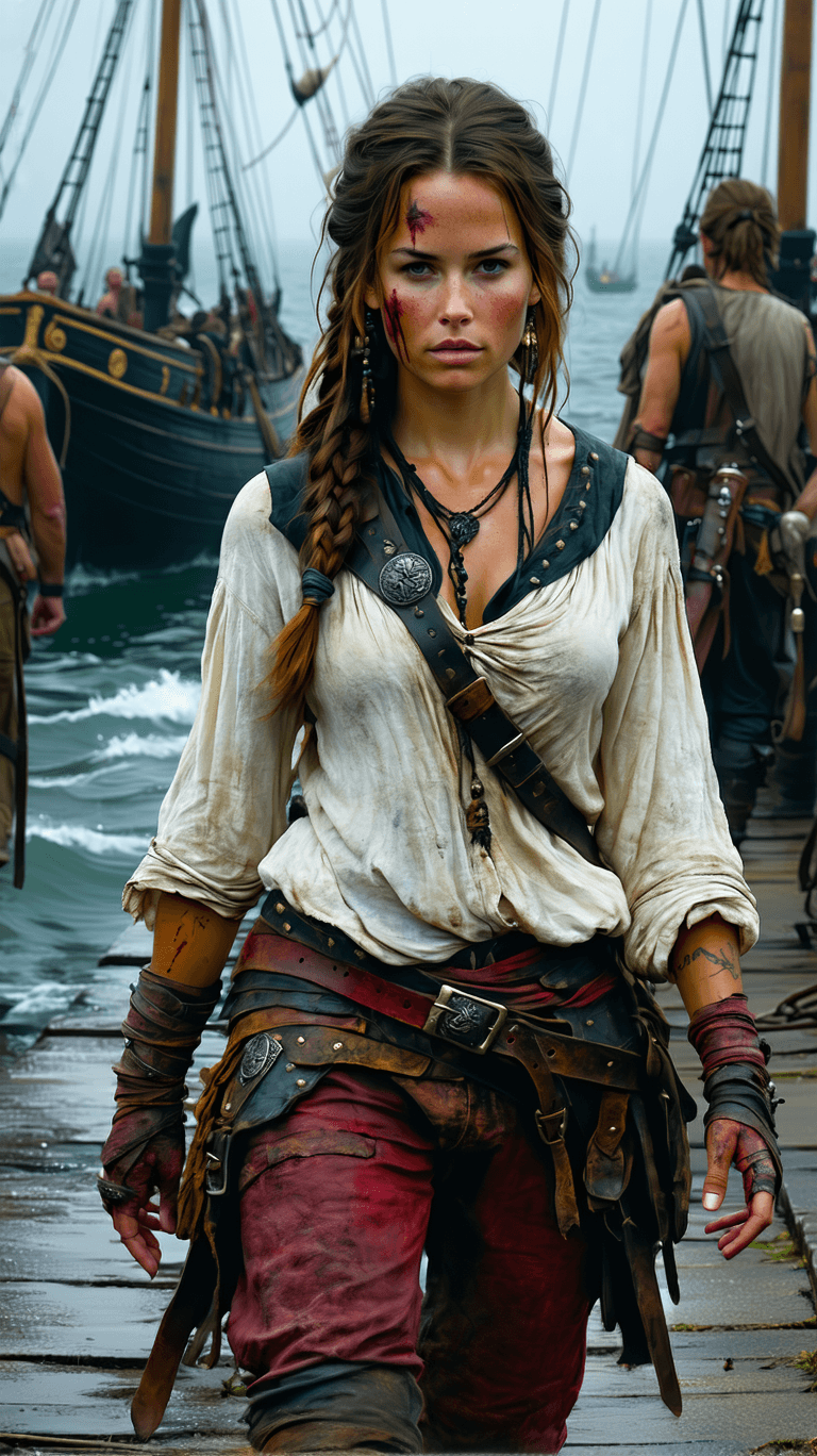 AI generated: A resilient pirate captain, with weathered skin, a determined gaze and hair braided with found objec...