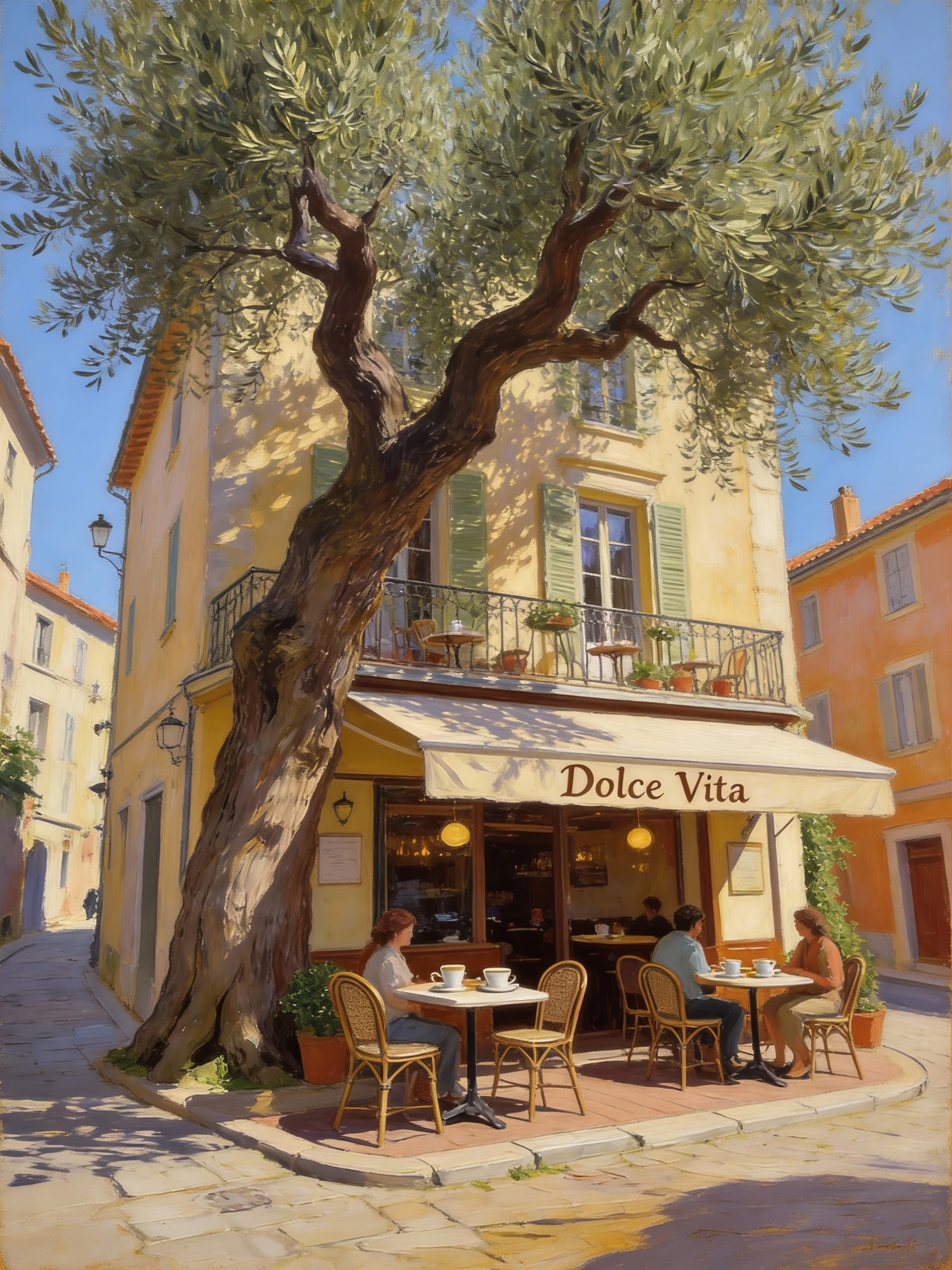 AI generated: mdjrny-v4 style traditional french cafe in the street of a small village on France. A terrace in the...