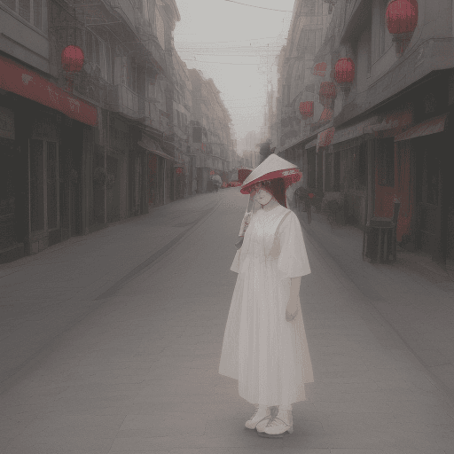 AI generated: girl stands in a red flower surrounded street, in the style of chinese cultural themes, romantic and...