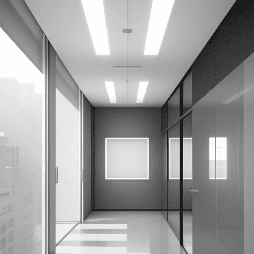 AI generated: Front view, office, minimalist, contemporary style, high gloss, cool-toned lighting, bright afternoo...