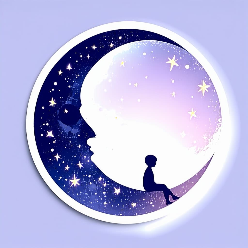 AI generated: "A minimalist sticker design featuring a crescent moon with tiny, glowing stars and a small figure s...
