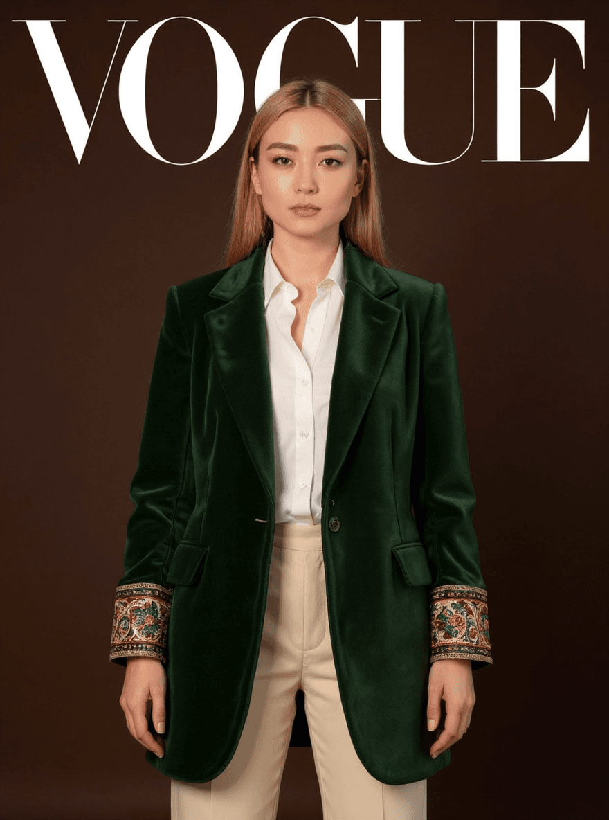 AI generated: fashion cover, front view, upper-body, A woman model, dark brown background , A green velvet coat wi...