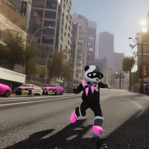 AI generated: in the style of gta v, a black and white panda wearings a black bowler hat a tartan bow tie and pink...