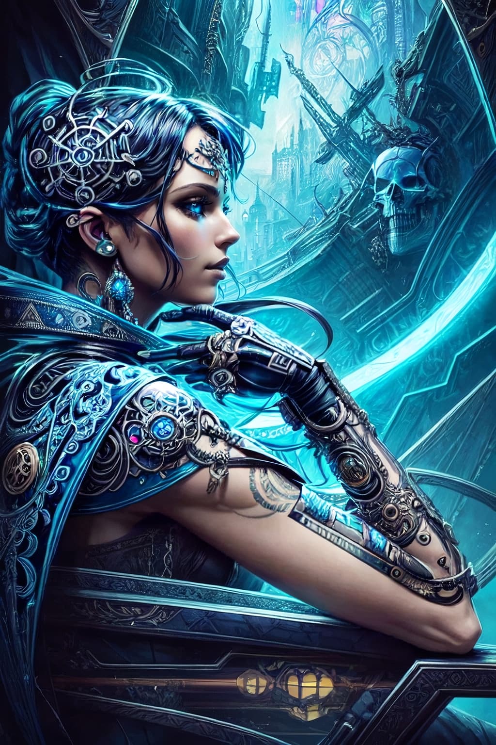 AI generated: tarot card with intricate detailed frame around the outside | side profile of cyberpunk body with cy...