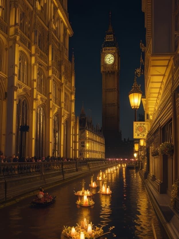 AI generated: Loy Krathong Festival  in Bigben London,many blossom lotus, mini candle , float in river,super detai...