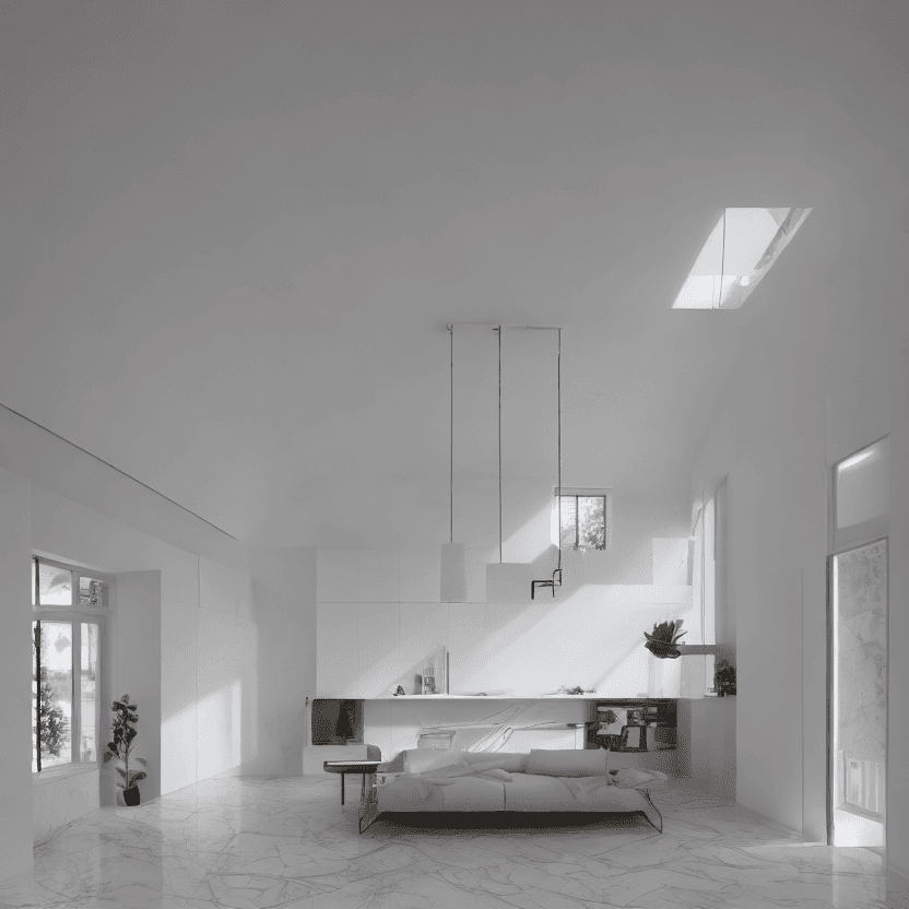 AI generated: front view, photorealism,main room, dezeen style, minimalistic, warm white color, white big marble t...