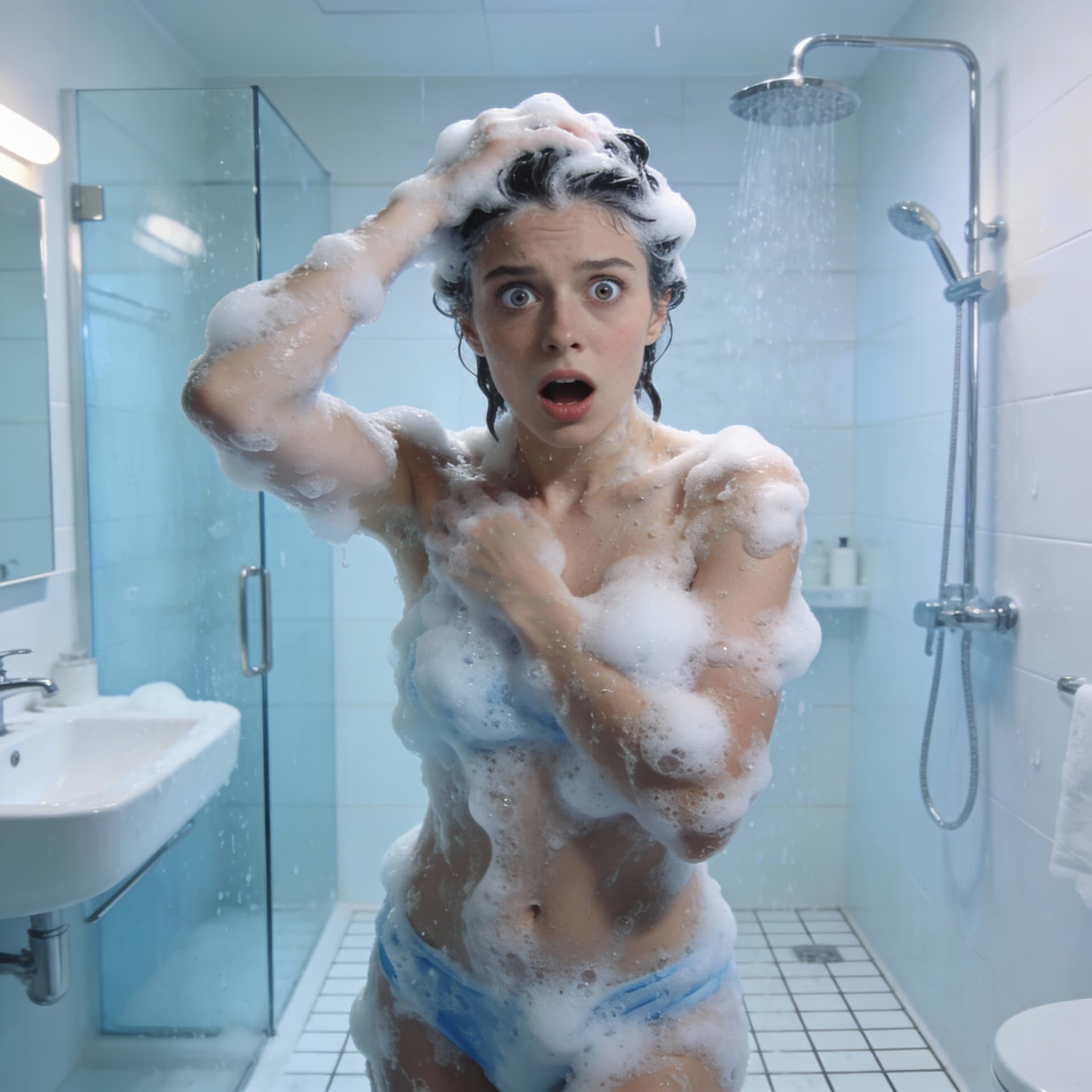 AI generated: young woman, N@t@ly.
Taking a shower in a large modern bathroom.
Covered in soapy lather from head t...