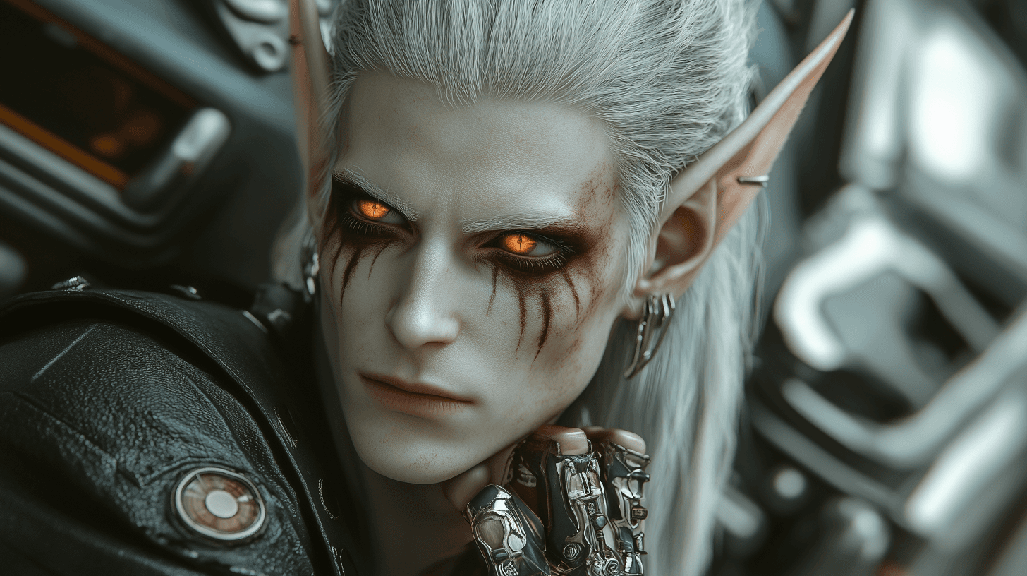 AI generated: Medium shot of elven cyborg checking instruments before takeoff, camera smoothly approaching spacesh...