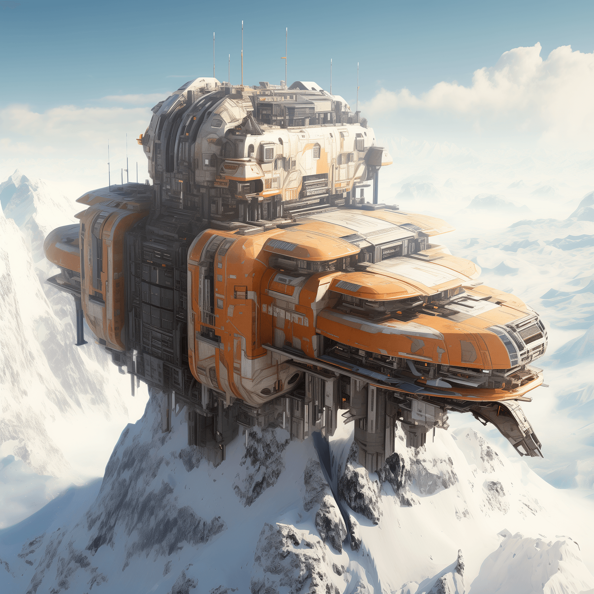 AI generated: futuristic spaceship floating in snow and ice, orange and beige color, in the style of fantastical r...