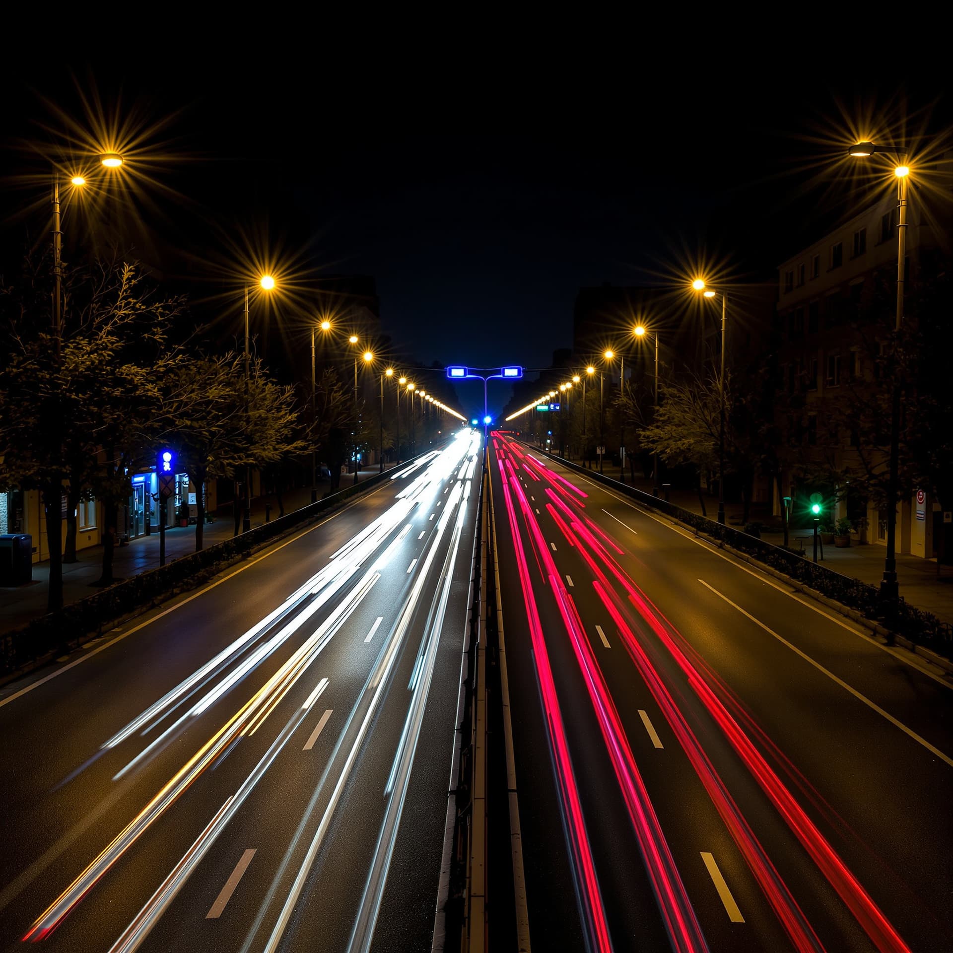 AI generated: Fluchtpunkt, glowing lights, Bewegungsunschärfe, nightlights, Dynamik, racing street, speed, symetri...
