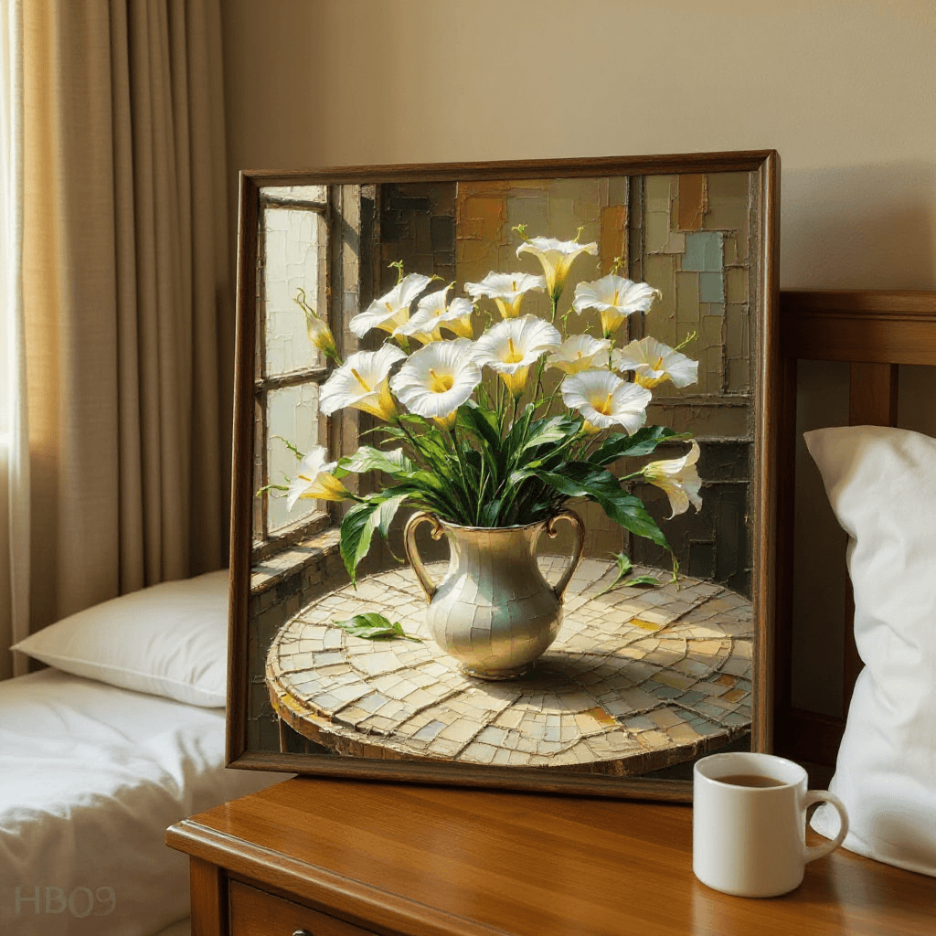 AI generated: on the bedside table of the hotel room. oil painting
With the discreet and very small watermark "HB...