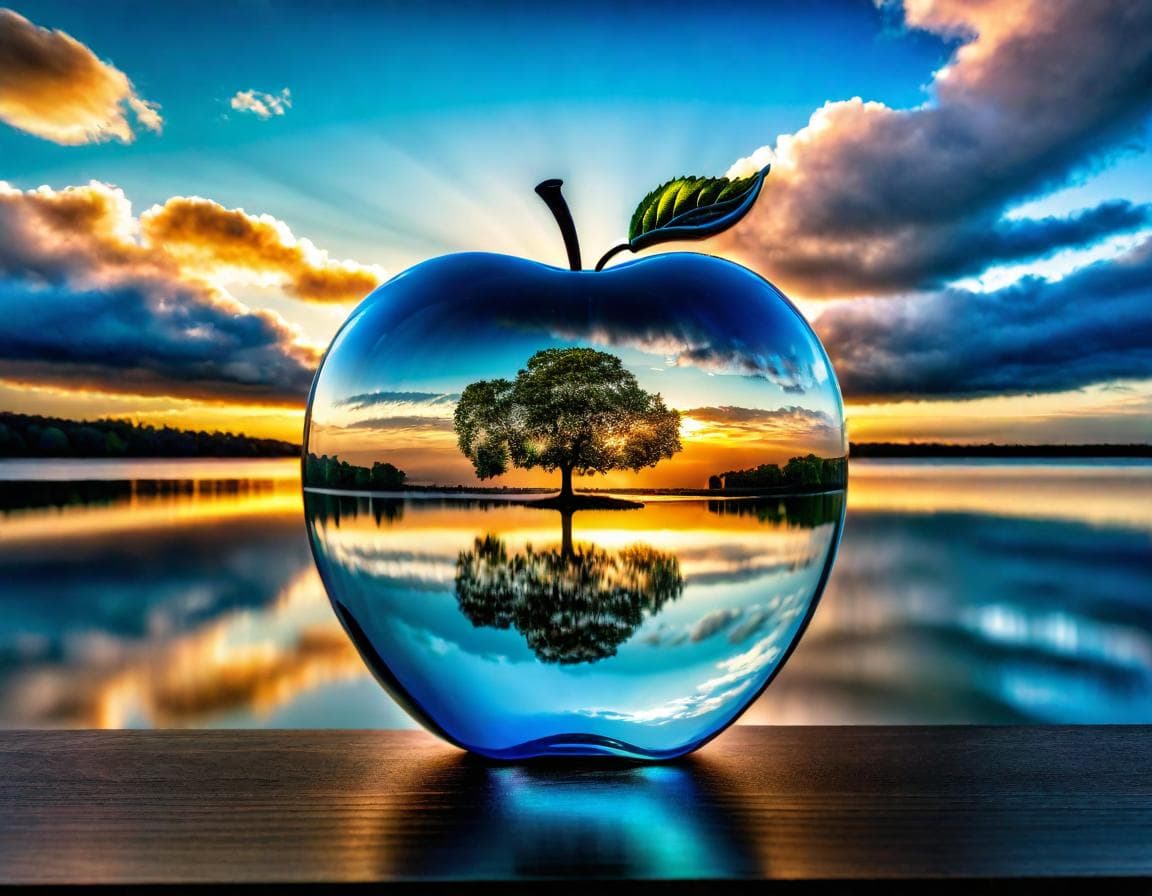 AI generated: "a glass apple with a tree inside and water scenery, cloud, food, sky, fruit, scenery, cloudy sky, o...