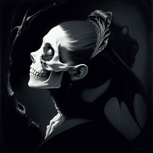 AI generated: a profile vampire skull, liquid smoke fractals, elegant botany, dynamic movement, raphael, caravaggi...
