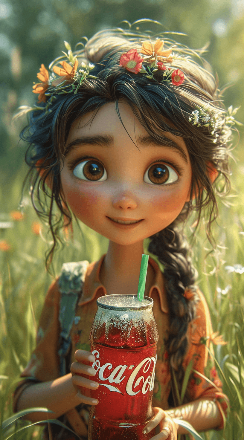 AI generated: an animated character holding a coca cola drink in the grass, in the style of unreal engine 5, cute ...